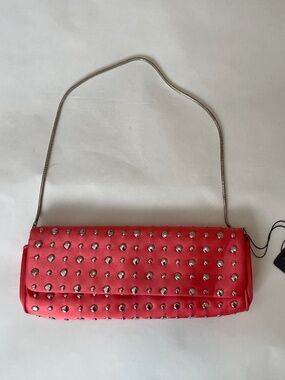 NWT- Vintage Suzy Smith Pink Satin Studded Bag Small Evening Purse Silver Rivets